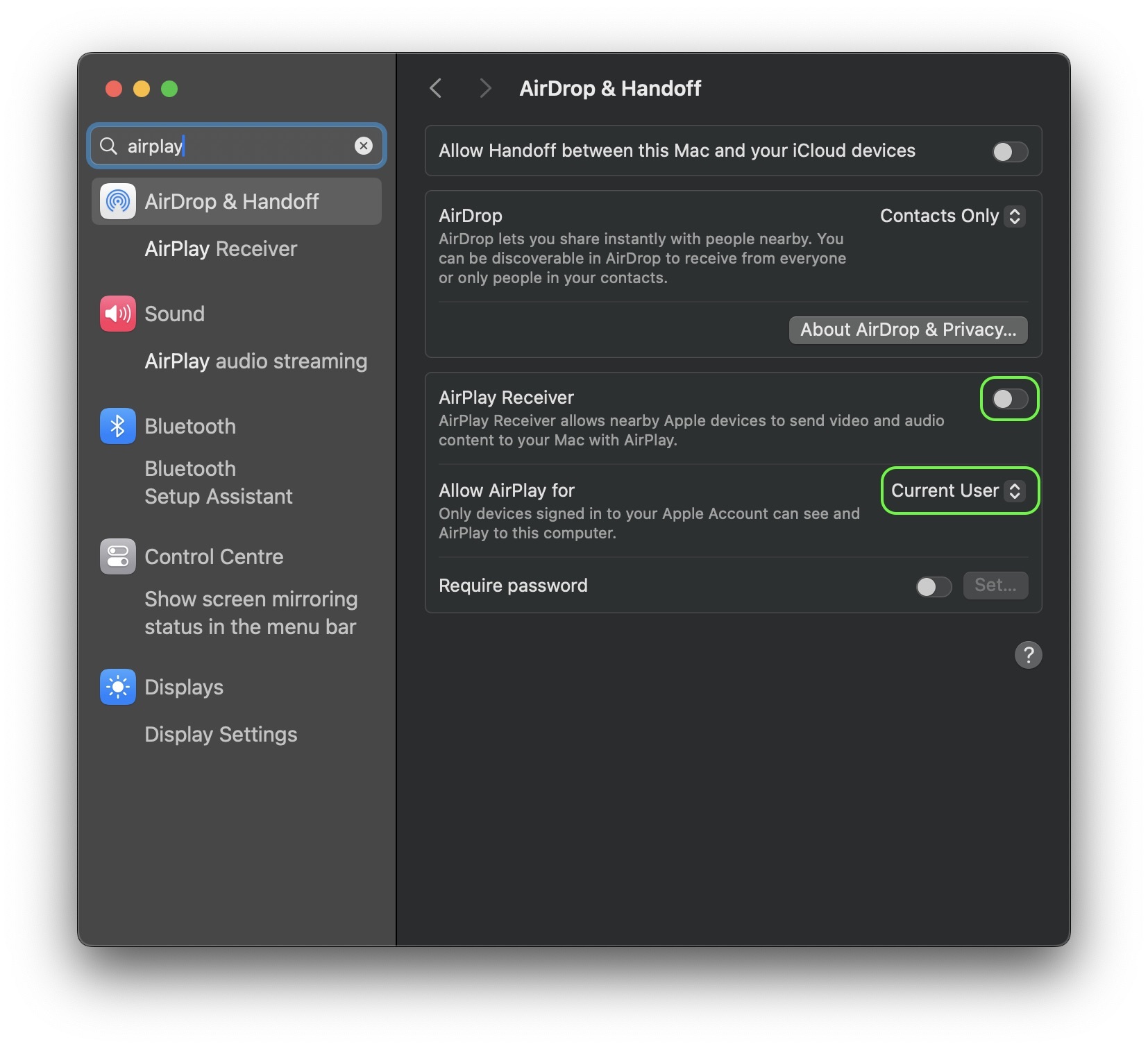 Paramètres AirPlay dans macOS pour se protéger contre les attaques AirBorne