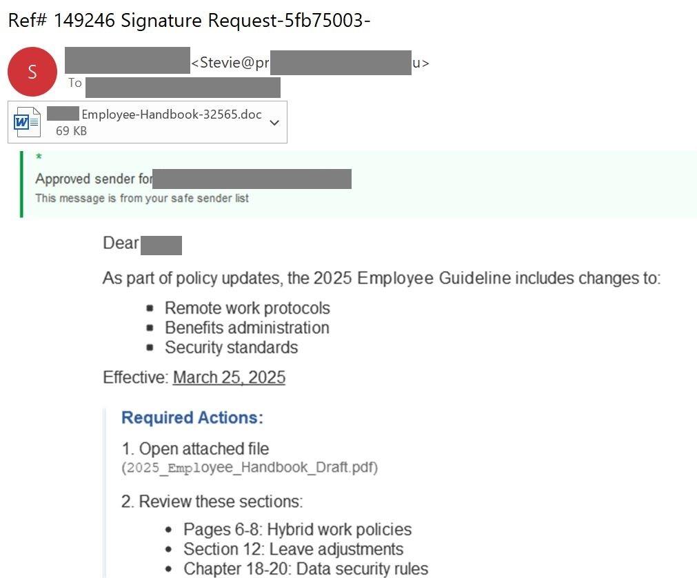 Un email invitant le destinataire à consulter les directives RH