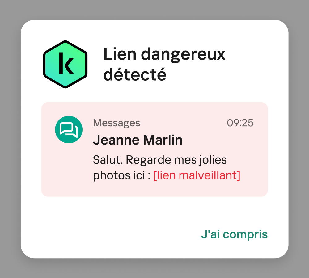 Voici à quoi ressemble une notification de Kaspersky for Android lorsqu'elle détecte un lien malveillant