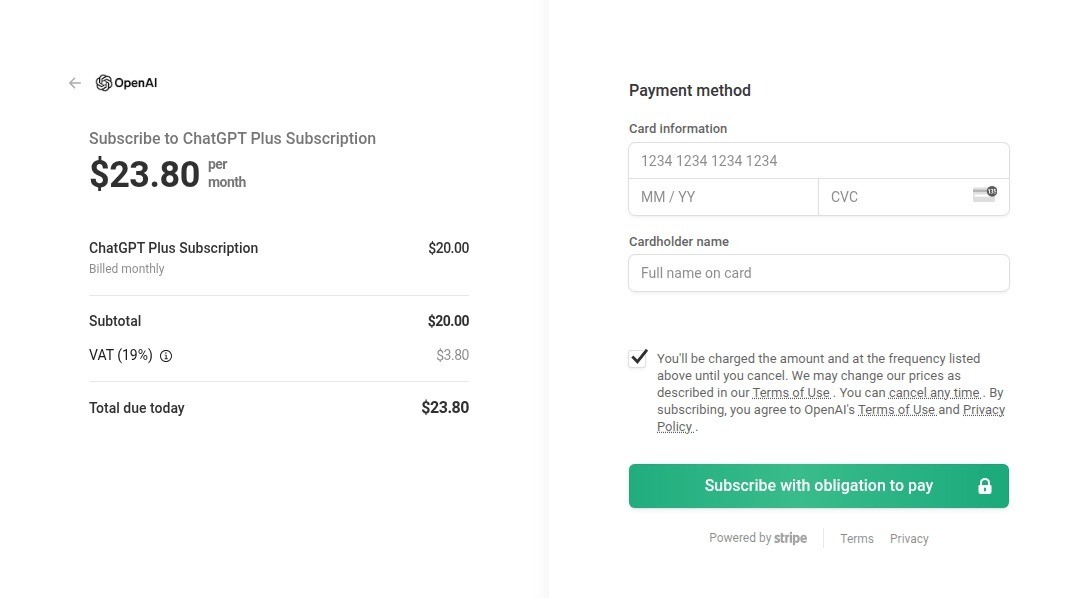 Une fausse page de paiement ChatGPT
