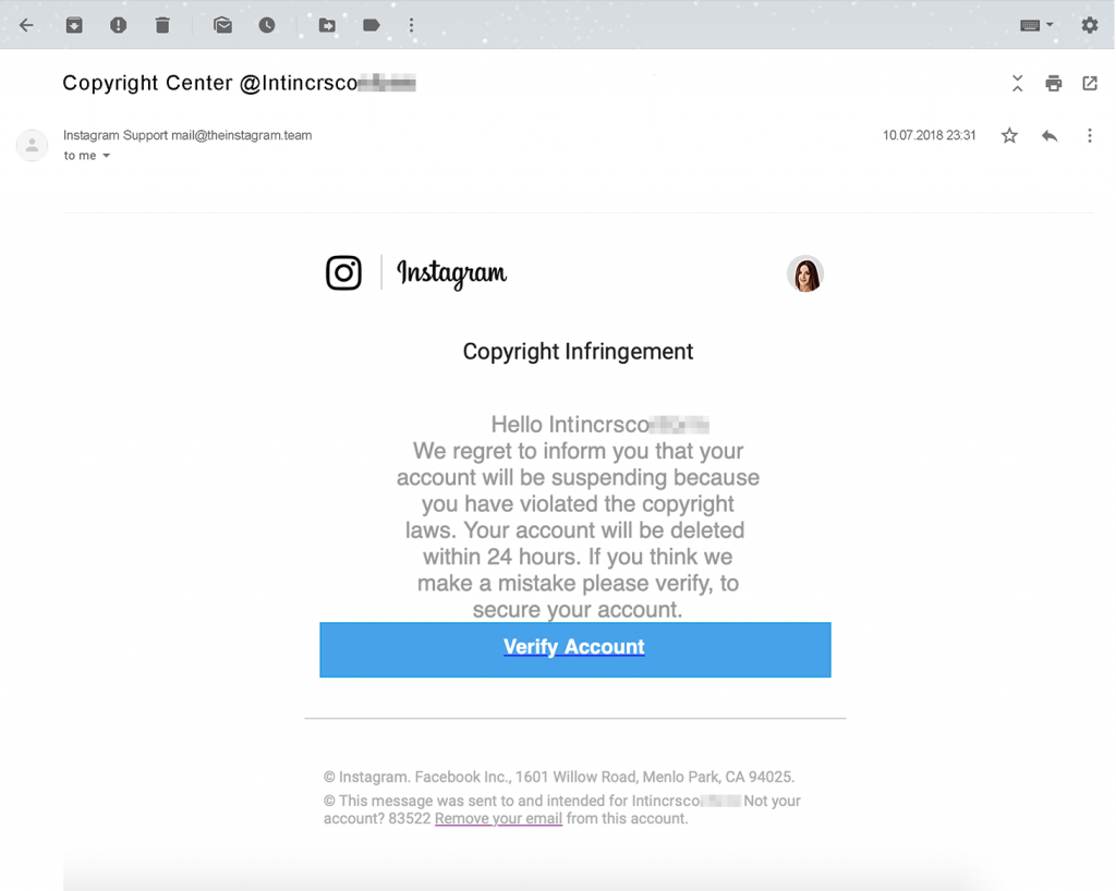 Imagem do e-mail de phishing que alega violação dos direitos autorais no Instagram