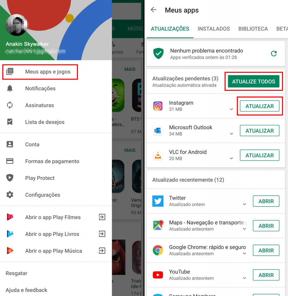 como atualizar manualmente aplicativos no Android