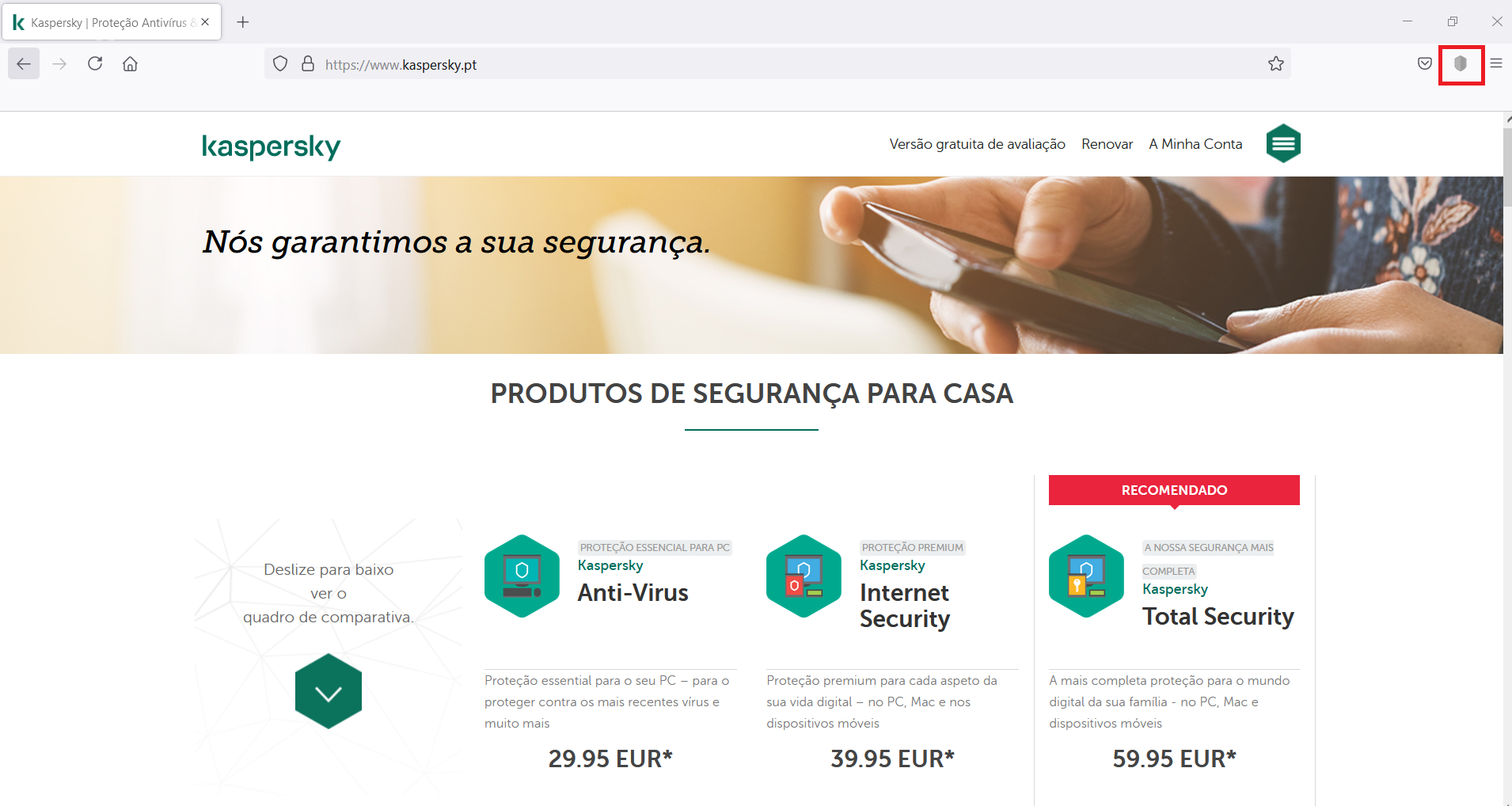 Se você tiver a extensão Kaspersky Protection instalada, um ícone deve aparecer na barra de navegação do seu browser