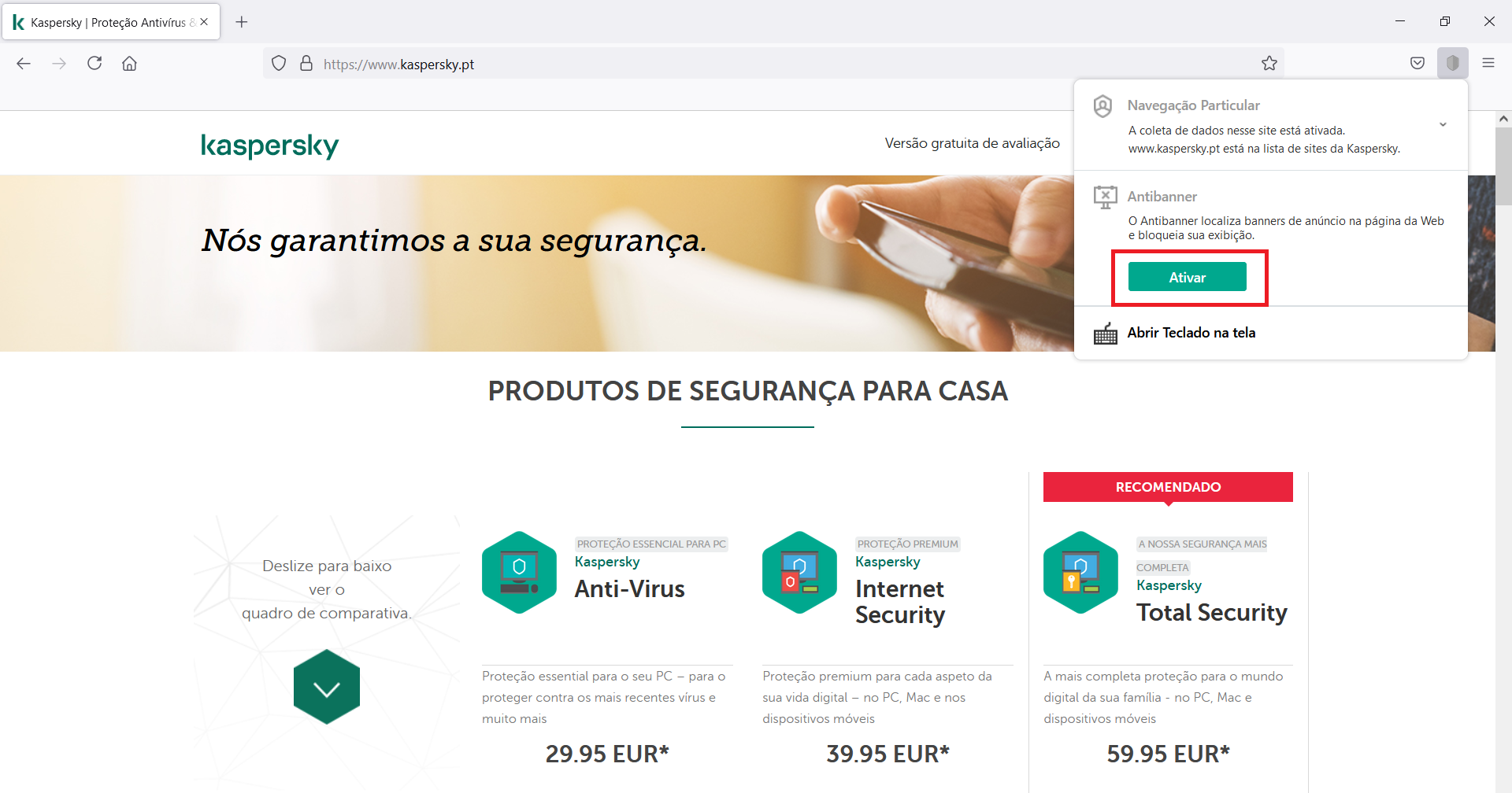 Ativando o Antibanner no Kaspersky Security Cloud por meio do menu de extensão do Kaspersky Protection