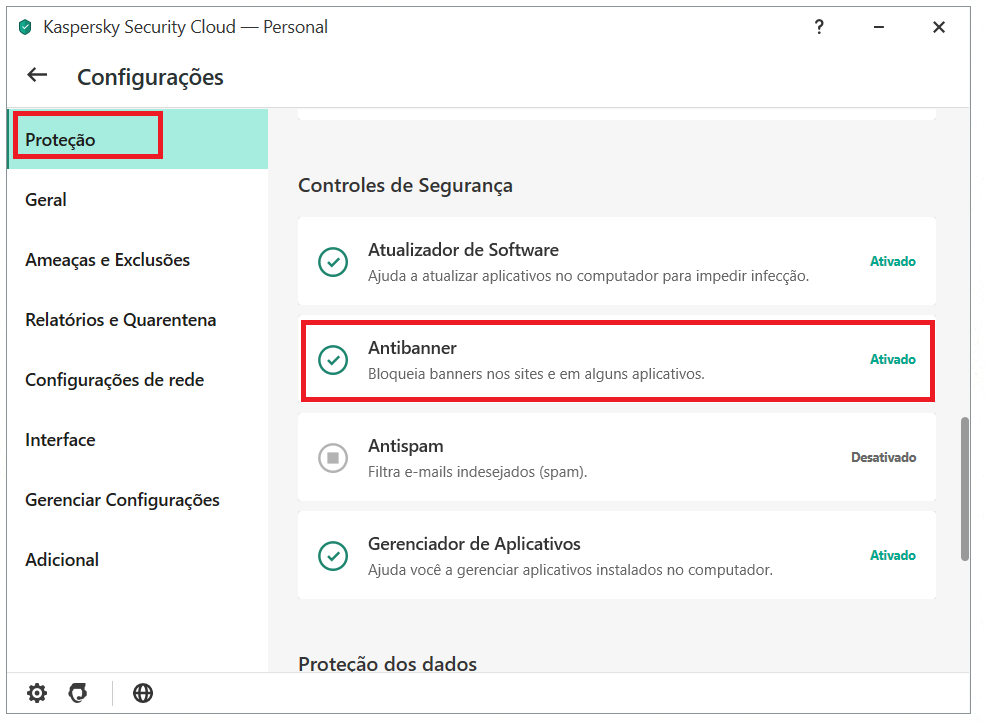 Ativando o Antibanner no menu principal do Kaspersky Security Cloud