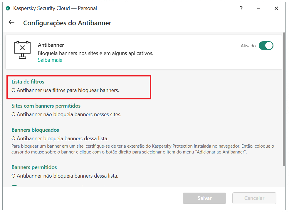 Configurando o Antibanner no Kaspersky Security Cloud