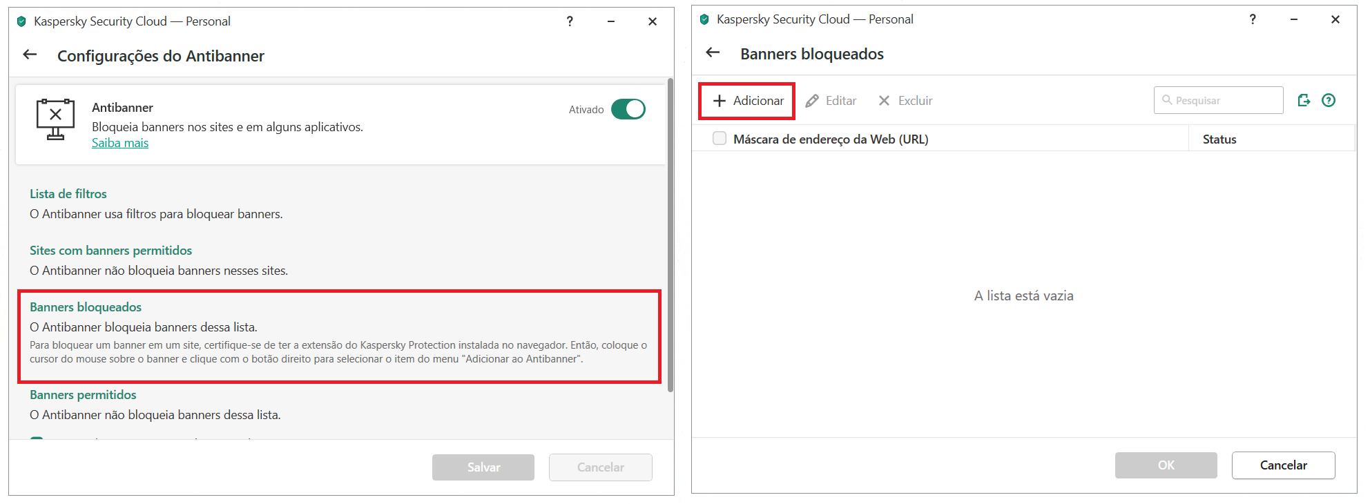 Adicionando um banner à lista de bloqueio no Kaspersky Security Cloud