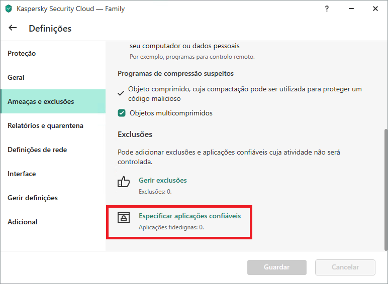 As definições de aplicações confiáveis ​​no Kaspersky Internet Security, Kaspersky Total Security e Kaspersky Security Cloud