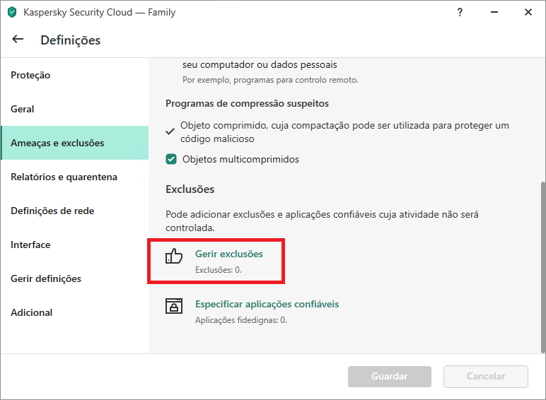 Definições de exclusão no Kaspersky Internet Security, Kaspersky Total Security e Kaspersky Security Cloud