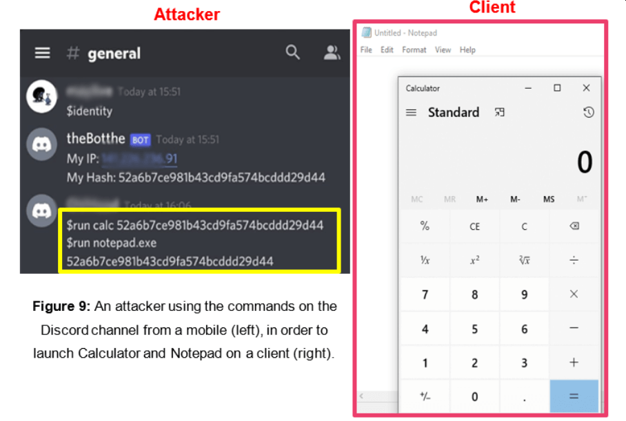 Demonstração de um programa arbitrário em execução no computador de um usuário seguindo um comando de um bate-papo do Discord