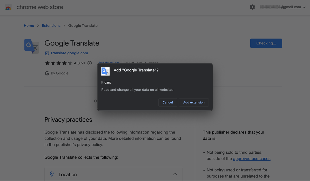 A extensão do Google Translate pede permissão para "Ler e alterar todos os seus dados em todos os sites" que você visitar