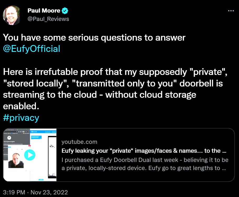 Um dos tweets de Paul Moore sobre os problemas de segurança de dados nas câmeras da Eufy.