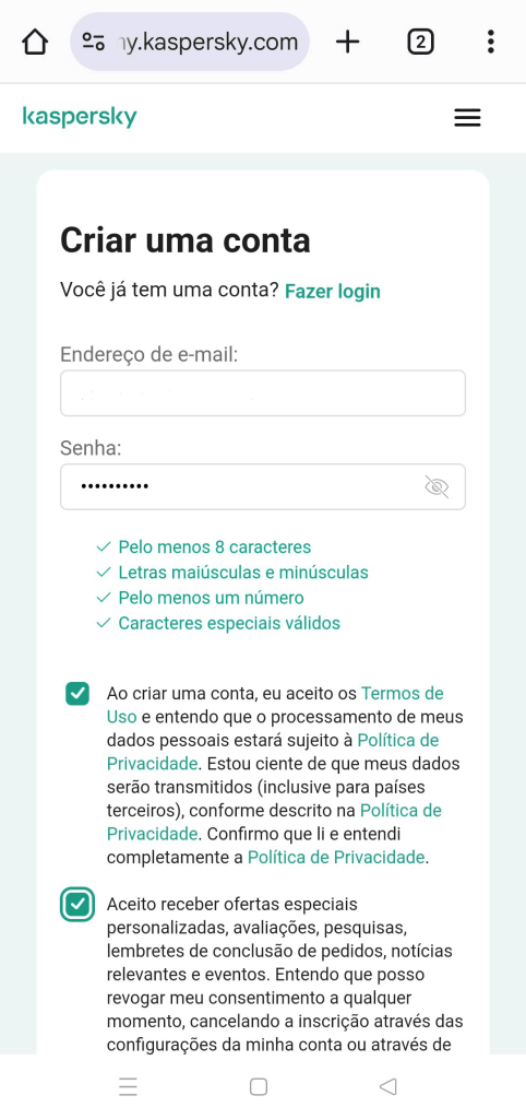 Crie uma nova conta My Kaspersky se você não tiver uma