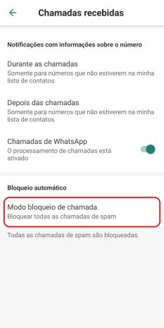 Selecionando categorias de bloqueio de spam na versão premium do Who Calls