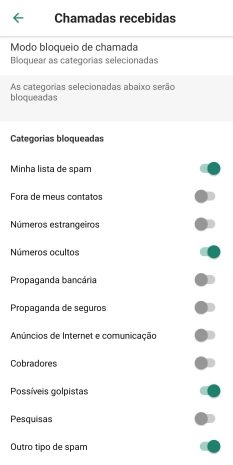 Selecionando categorias de bloqueio de spam na versão premium do Who Calls