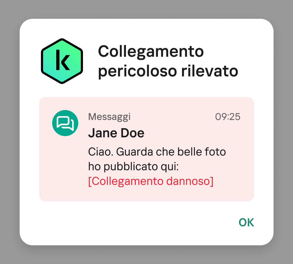 É assim que uma notificação do Kaspersky for Android aparece quando detecta um link malicioso