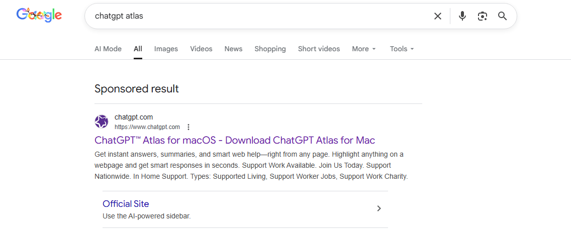 Um link patrocinado para um guia de instalação de malware nos resultados de pesquisa do Google