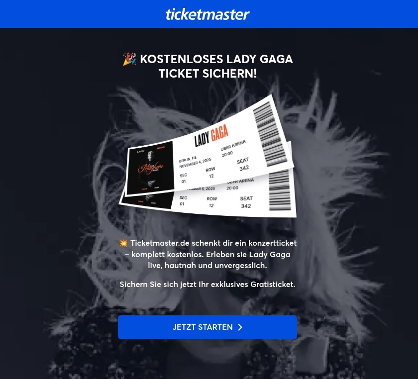 Um site de phishing que oferece ingressos "gratuitos" para o show da Lady Gaga