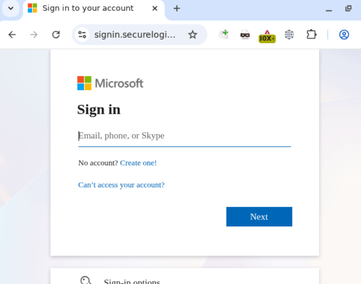 Formulário de phishing projetado para coletar credenciais corporativas