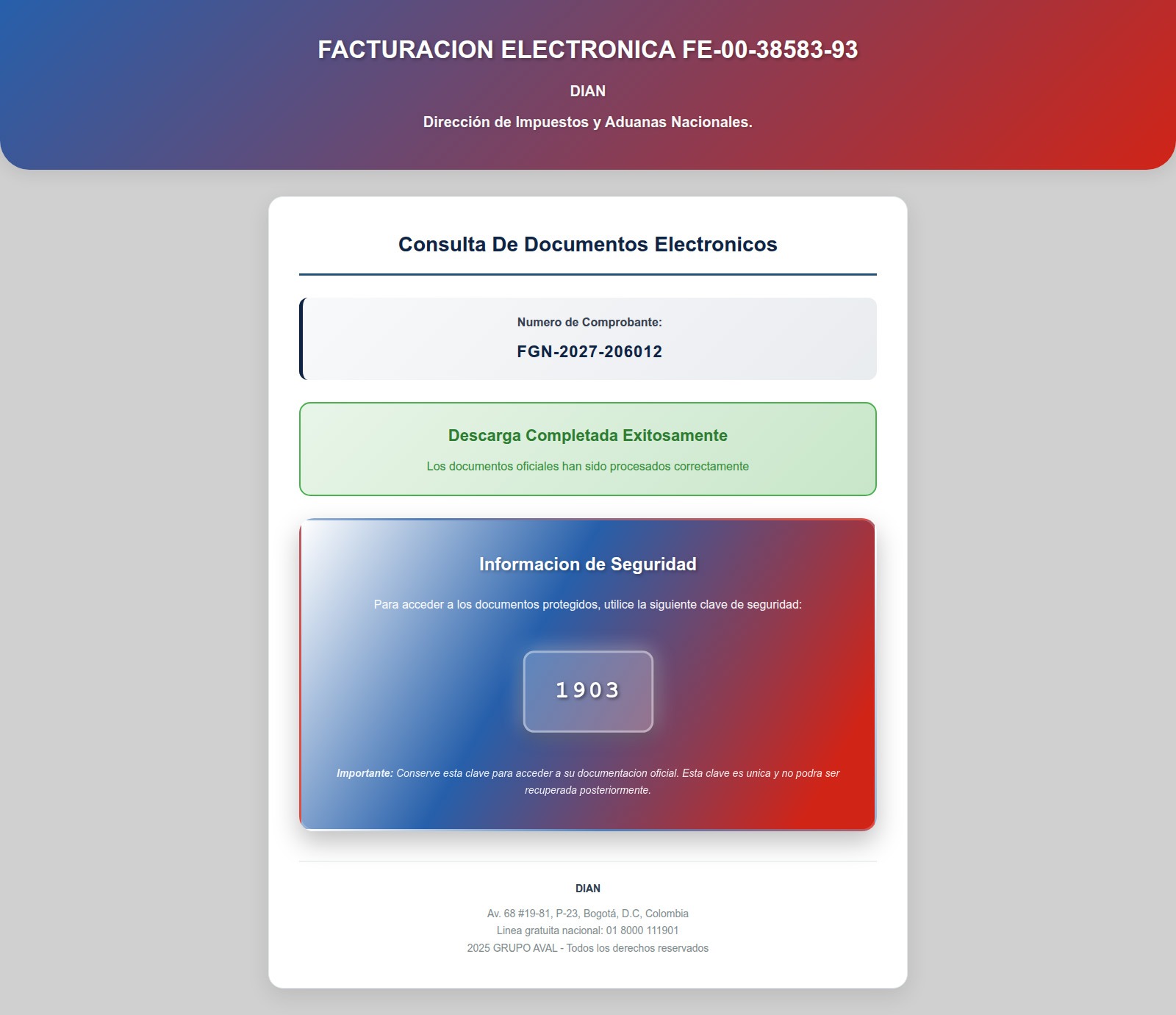 Site falso que se passa pela Direção Nacional de Impostos e Alfândegas da Colômbia