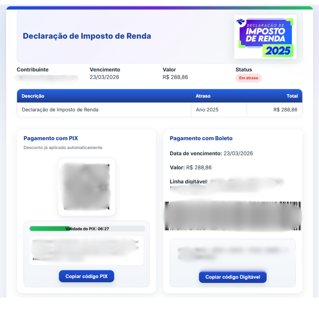 Exemplo de notificação fraudulenta recebida por e-mail