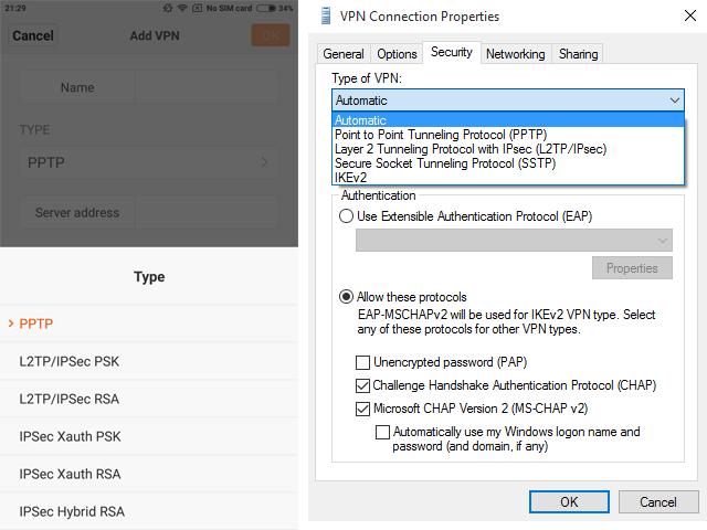 VPN-Einstellungen in Android (links) und Windows (rechts)