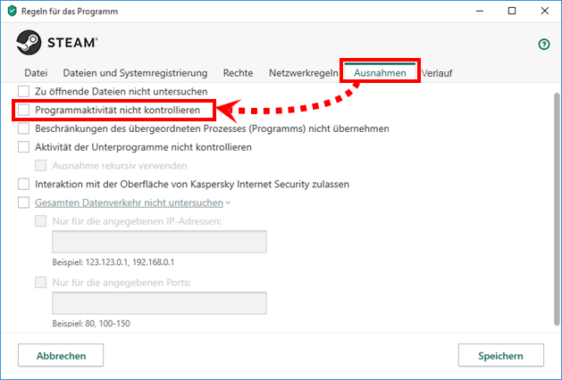 Wie man Regeln und Ausnahmen für Steam in Kaspersky Internet Security einrichtet