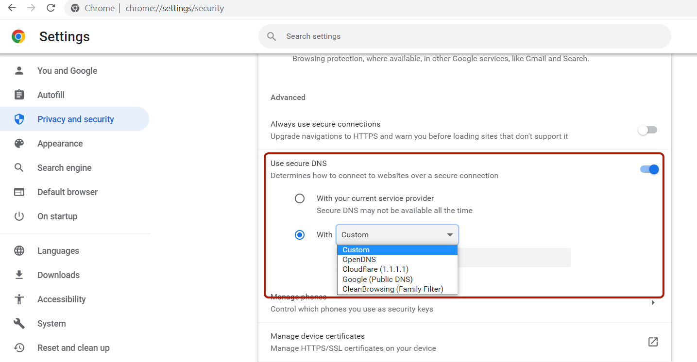 Einrichten von sicherem DNS unter Google Chrome