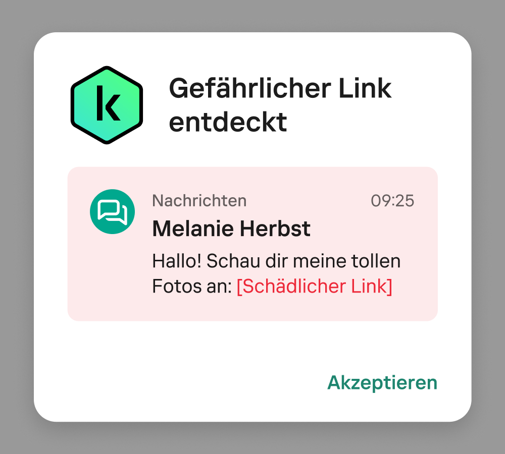 So sieht eine Benachrichtigung von Kaspersky for Android aus, wenn ein schädlicher Link erkannt wird