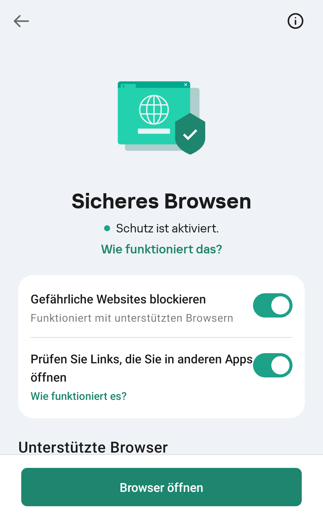 So aktivierst du die Funktion "Sicheres Browsen" in Kaspersky for Android