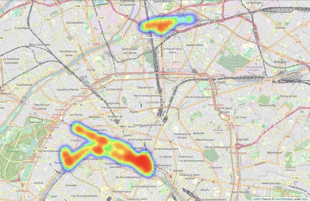 調査の対象となったすべてのパリの公衆Wi-Fiスポットのヒートマップ。赤はホットスポットの密集度が高いことを示し、緑は密集度が低いことを示します