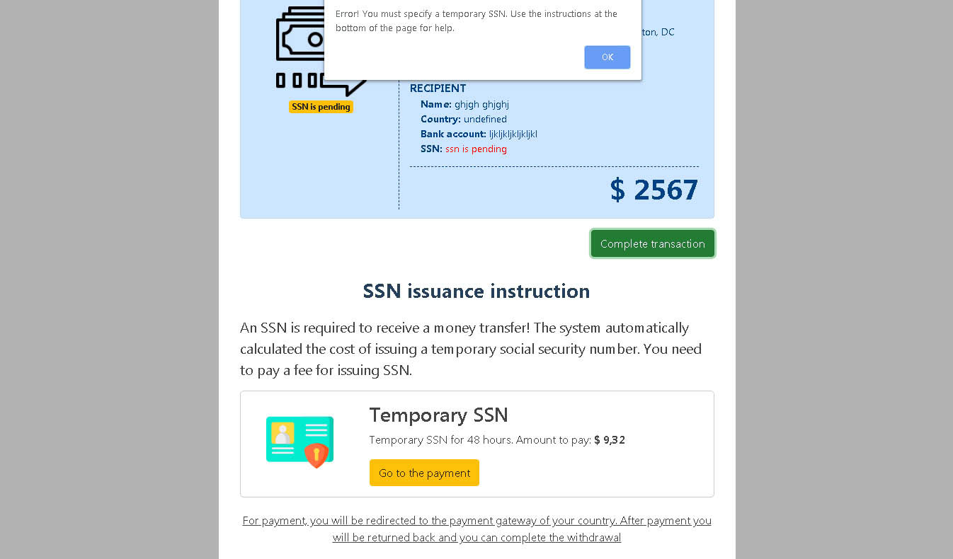 De site toont een foutmelding als de gebruiker probeert de transactie te voltooien zonder een tijdelijk SSN