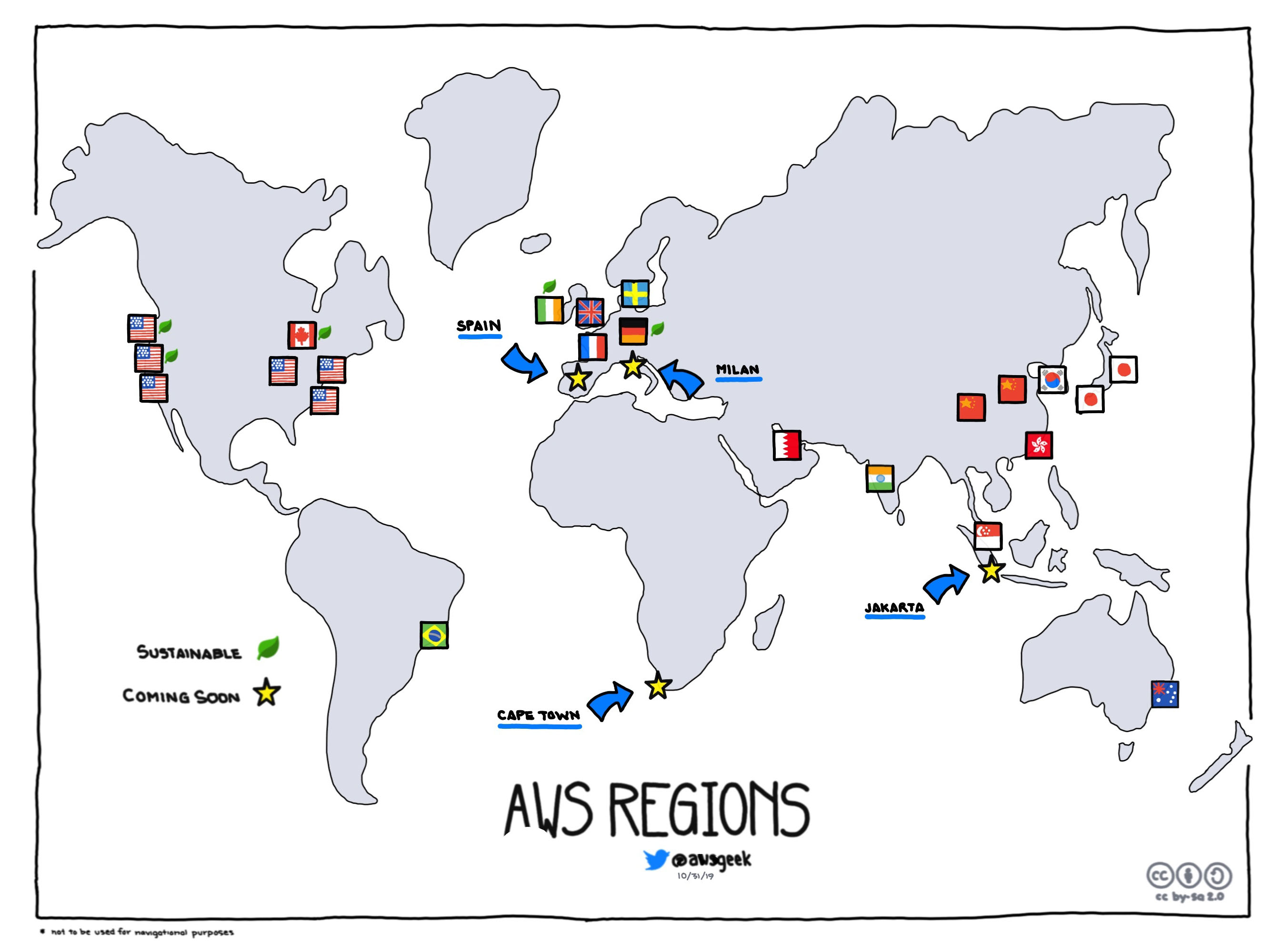 AWS-regio's. Het groene blaadje betekent groene energie.